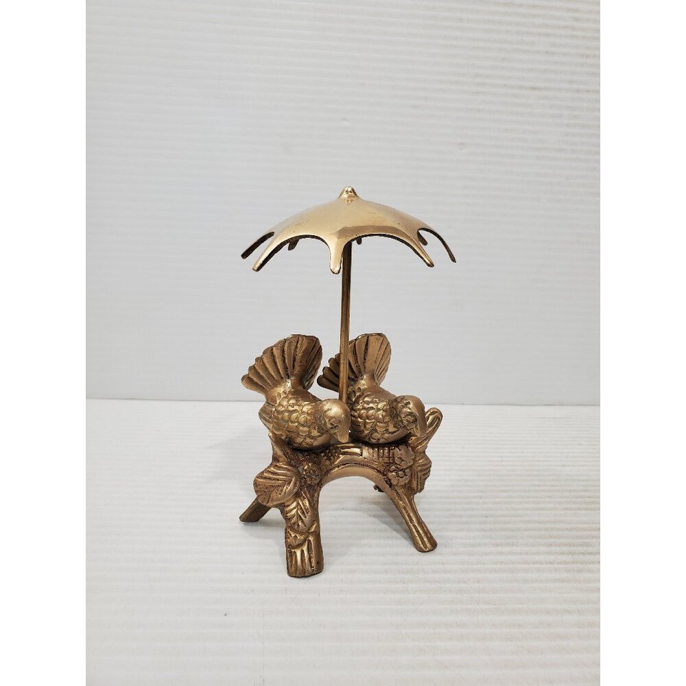 Vintage Brass Sculpture, birds on Bench Under Umbrella, Spring Art, Cute and
